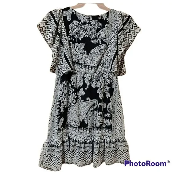 One World Dress Sz L Black White Flowy Paisley Blouson Sheath Tunic - Picture 2 of 8